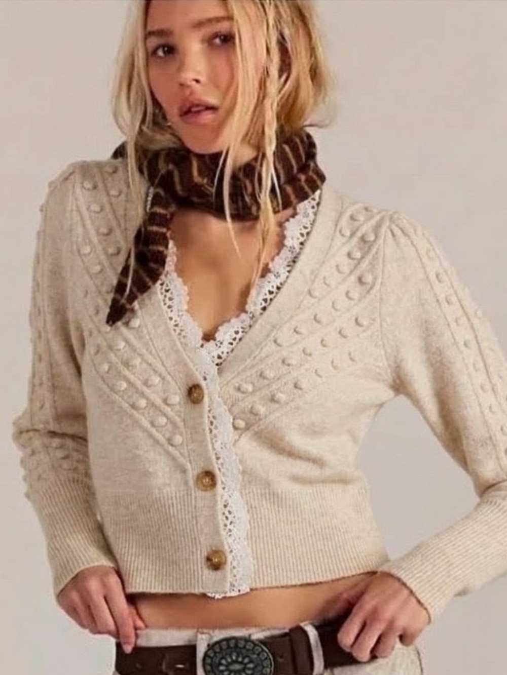 NWT Free People Almond Milk Lace SoftSpun Long Sleeve Knit Crop Cardigan - M
